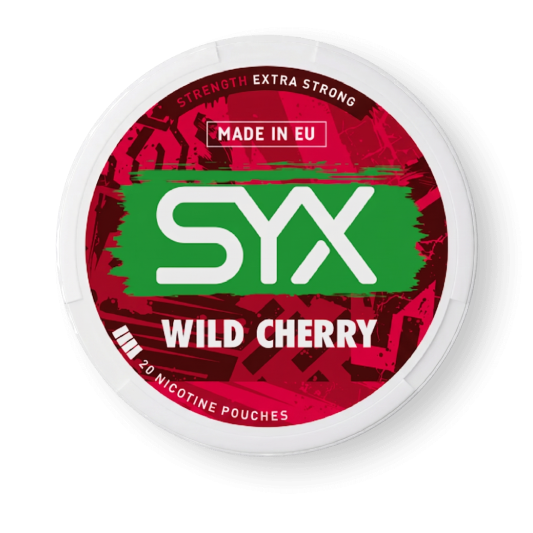 SYX Wild Cherry nicotine pouches packaging on a black background