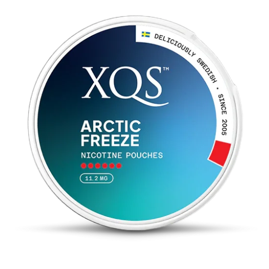 XQS Arctic Freeze nicotine pouches container on a white background