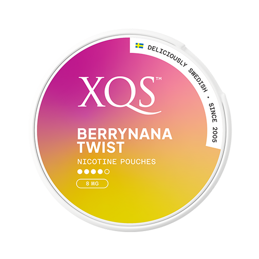 XQS Berrynana Twist nicotine pouches container with gradient design on a white background