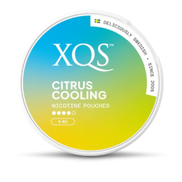 XQS Citrus Cooling nicotine pouches container with gradient blue to yellow design.