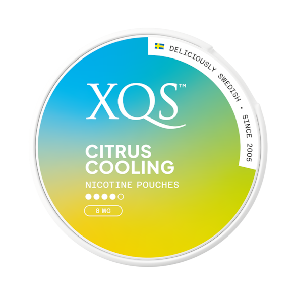 XQS Citrus Cooling nicotine pouches container with gradient blue to yellow design.