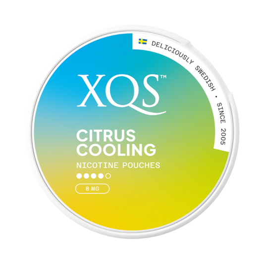 XQS Citrus Cooling nicotine pouches container with gradient blue to yellow design.
