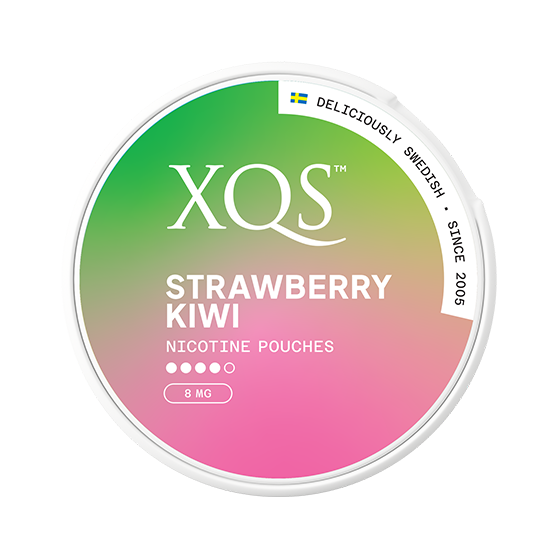 XQS Strawberry Kiwi nicotine pouches container with gradient green to pink design on a white background