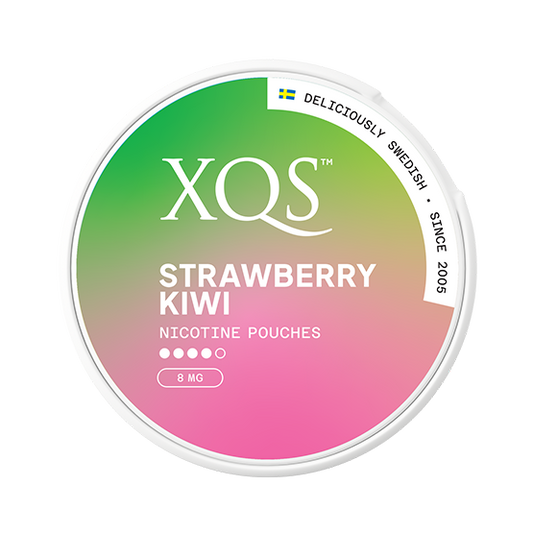 XQS Strawberry Kiwi nicotine pouches container with gradient green to pink design on a white background