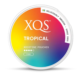 XQS Tropical nicotine pouches container with colorful gradient on a white background