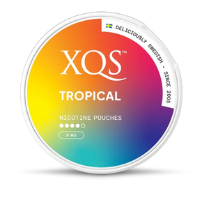 XQS Tropical nicotine pouches container with colorful gradient on a white background