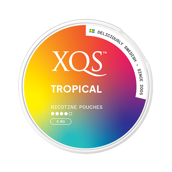 XQS Tropical nicotine pouches container with colorful gradient on a white background
