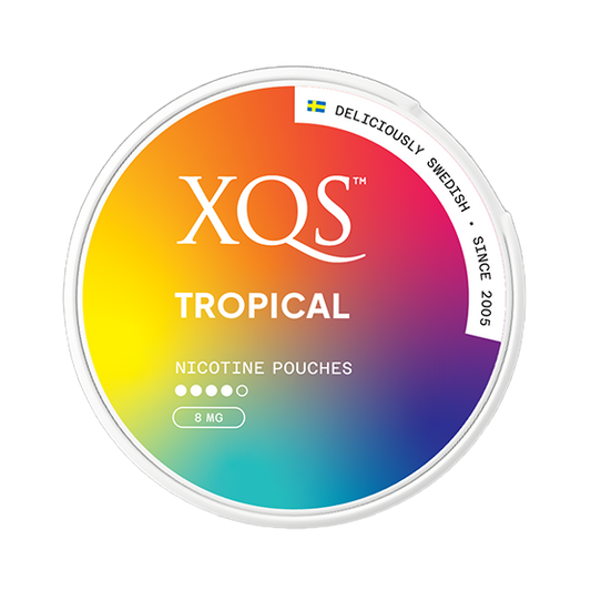 XQS Tropical nicotine pouches container with colorful gradient on a white background
