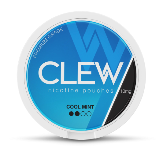Round blue container with labelled CLEW COOL MINT, Nicotine Pouches flavour and 10mg strength.
