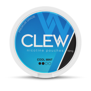 Round blue container with labelled "CLEW COOL MINT, Nicotine Pouches" flavour and "10mg" strength.