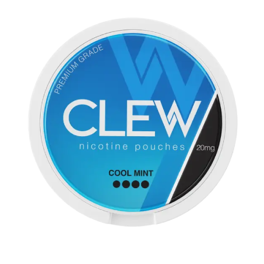 Clew Cool Mint 20mg nicotine pouches in a blue and white container.