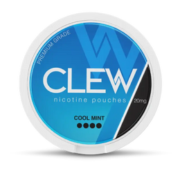 Clew Cool Mint 20mg nicotine pouches in a blue and white container.