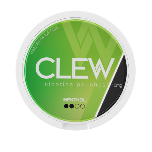 Round white container with labelled "CLEW nicotine pouches, MENTHOL" flavour and "10mg" strength.