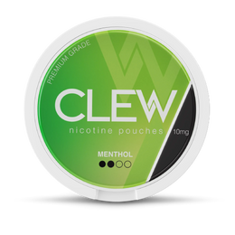 Round white container with labelled "CLEW nicotine pouches, MENTHOL" flavour and "10mg" strength.