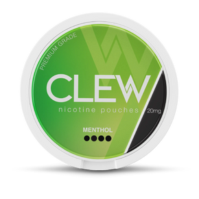Round white container with labelled "CLEW nicotine pouches, MENTHOL" flavour and "20mg" strength.