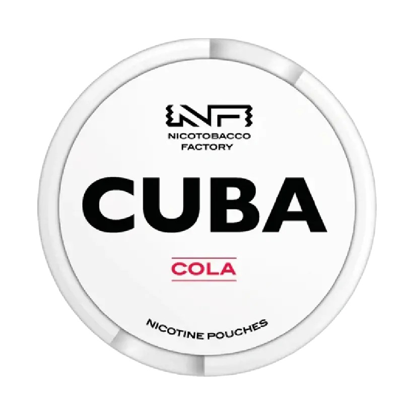 CUBA Cola nicotine pouches tin by Nicotobacco Factory, featuring a minimalist white design with bold black and red text.