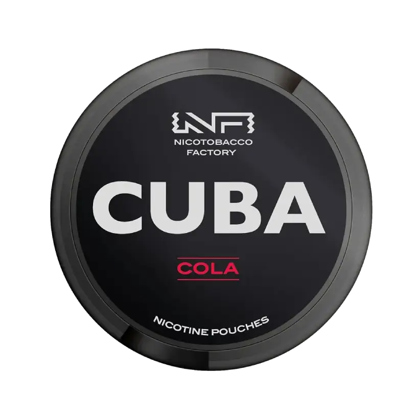 Round black with ‘Cuba’ logo written in bold white writing in the middle of the container. Pink text at the bottom reads ‘Cola’ and white text at the top reads ‘Nicotobacco Factory’ 