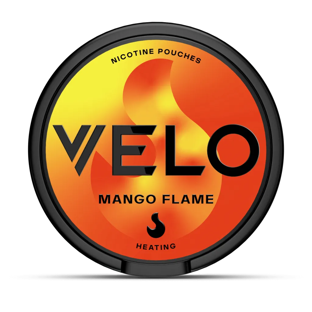 VELO Mango Flame nicotine pouches – tropical mango-flavoured tobacco-free pouches.