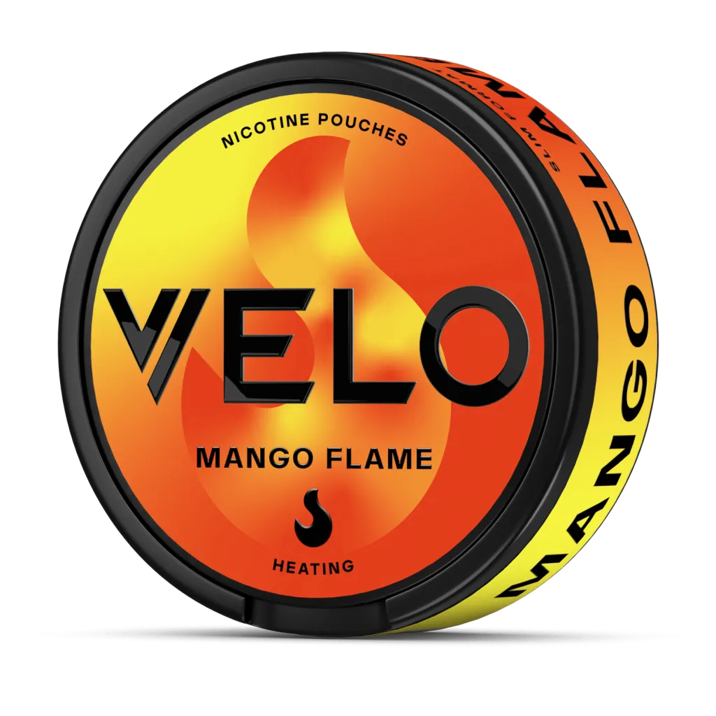 VELO Mango Flame nicotine pouches – tropical mango-flavoured tobacco-free pouches.