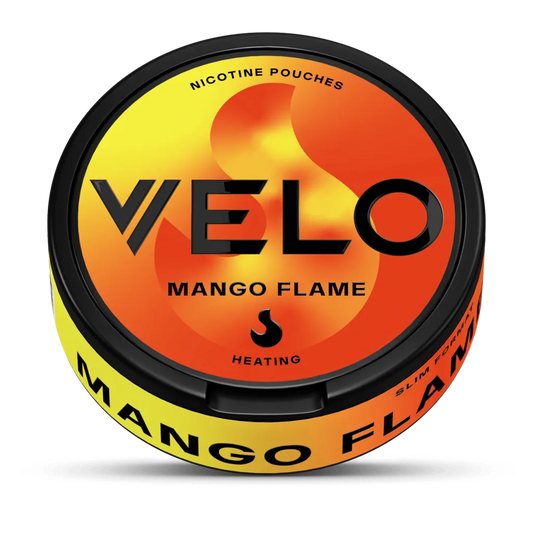 VELO Mango Flame nicotine pouches – tropical mango-flavoured tobacco-free pouches.