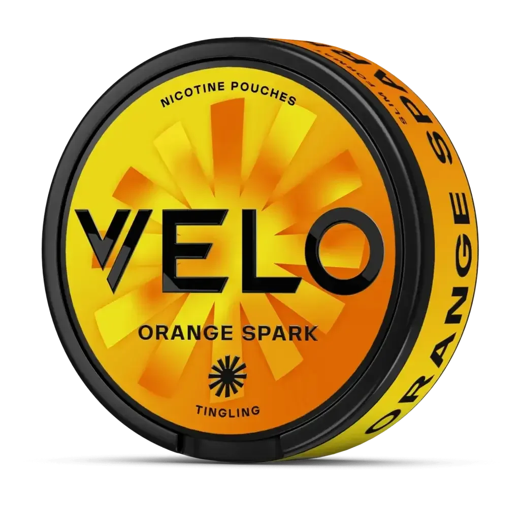 A yellow and orange container that mimics the look of a flame with a black outline. Text reads “nicotine pouches, VELO, Orange Spark’.