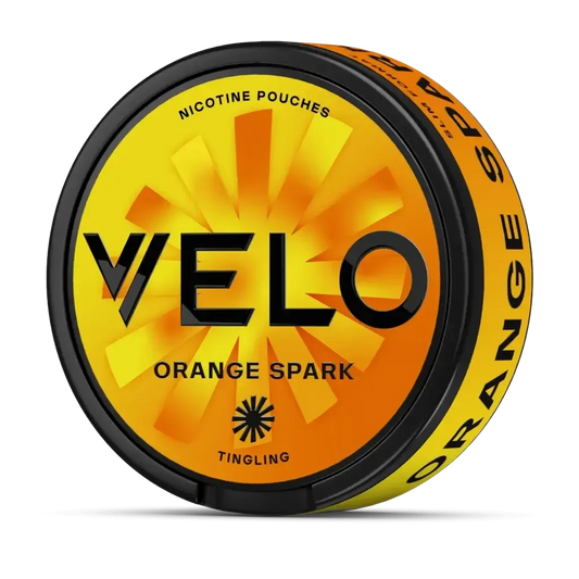 A yellow and orange container that mimics the look of a flame with a black outline. Text reads “nicotine pouches, VELO, Orange Spark’.