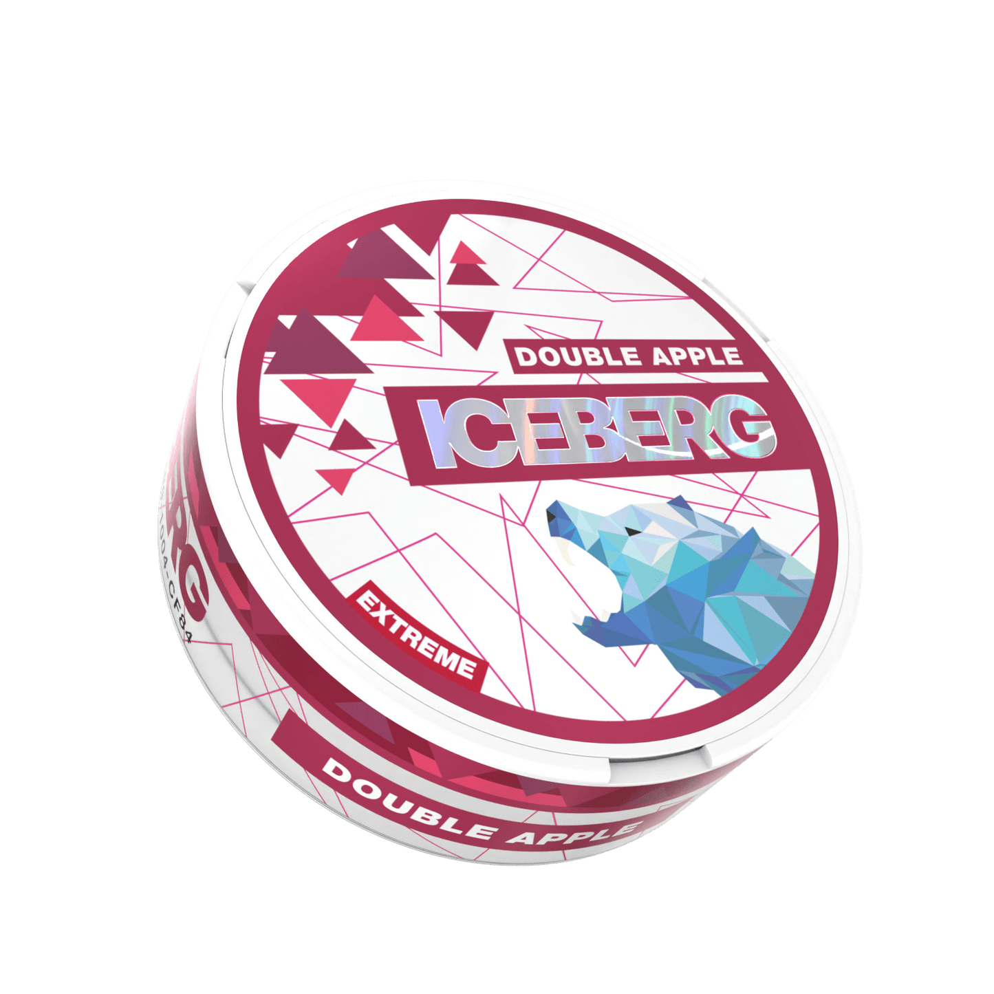 Round container labelled "Iceberg Double Apple Extreme" with a geometric polar bear and abstract design in pink, white, and blue.
