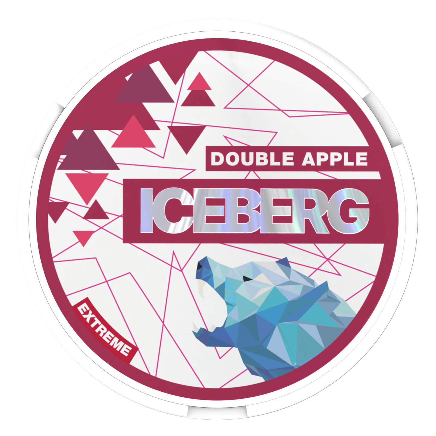 Round container labelled "Iceberg Double Apple Extreme" with a geometric polar bear and abstract design in pink, white, and blue.