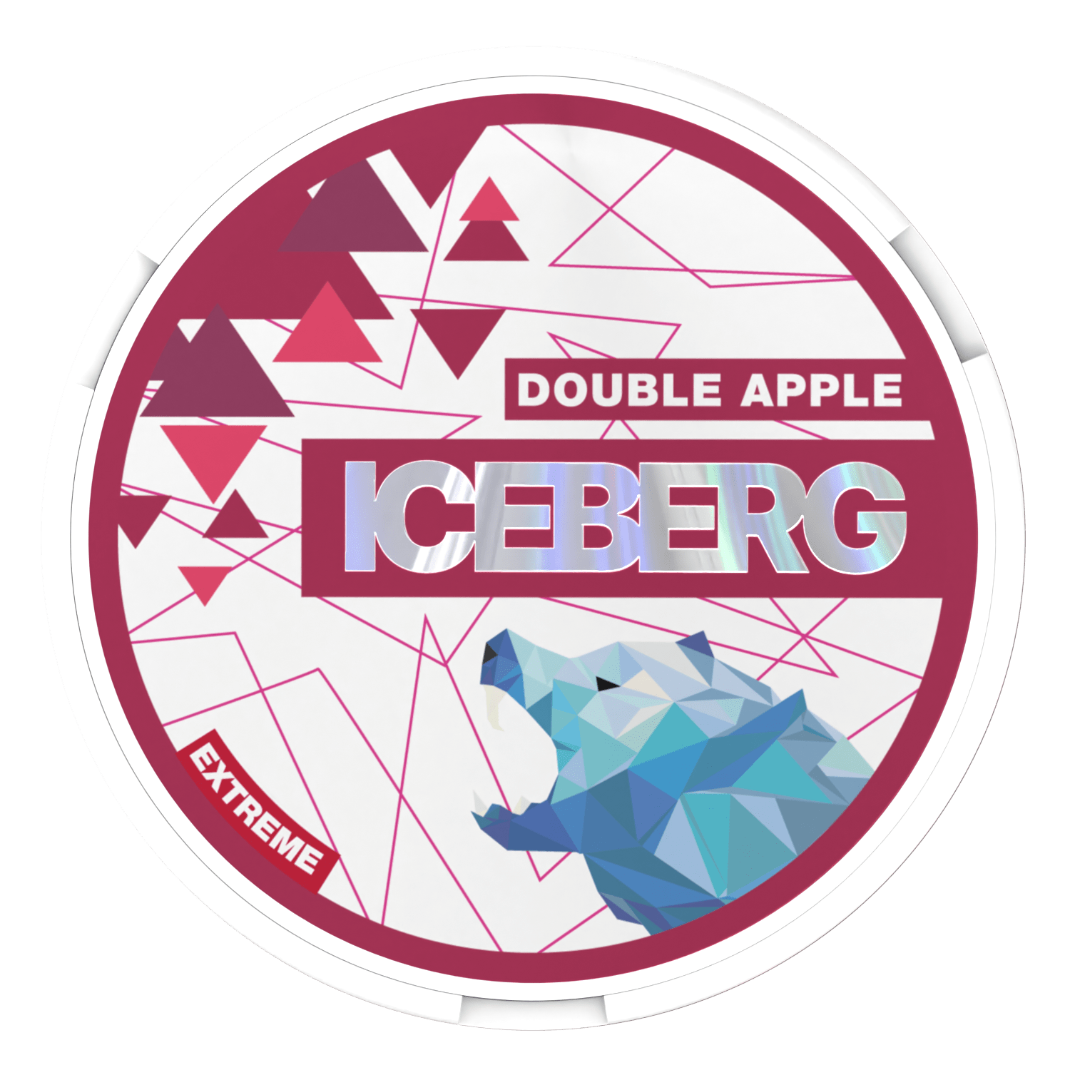 Round container labelled Iceberg Double Apple Extreme with a geometric polar bear and abstract design in pink, white, and blue.