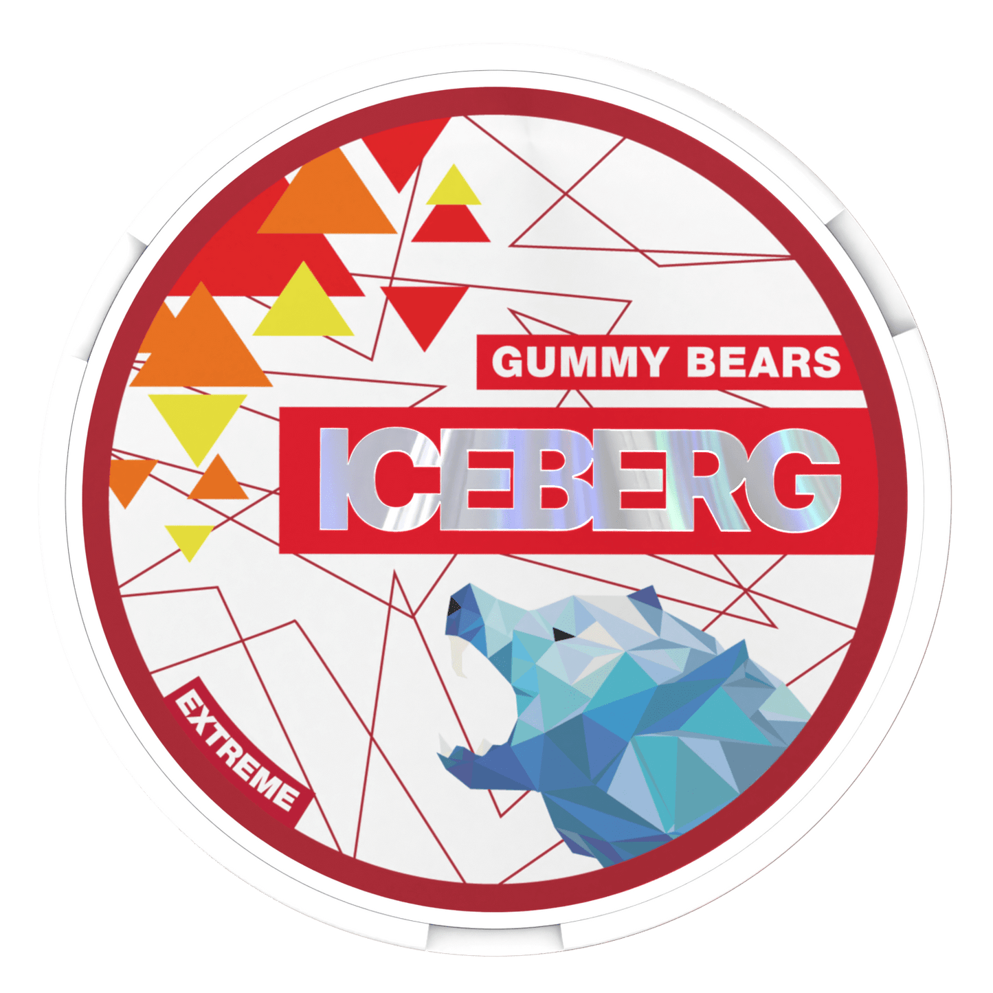 Round white container labelled "Iceberg Gummy Bears" with a blue geometric polar bear and abstract design in red, orange, and yellow.