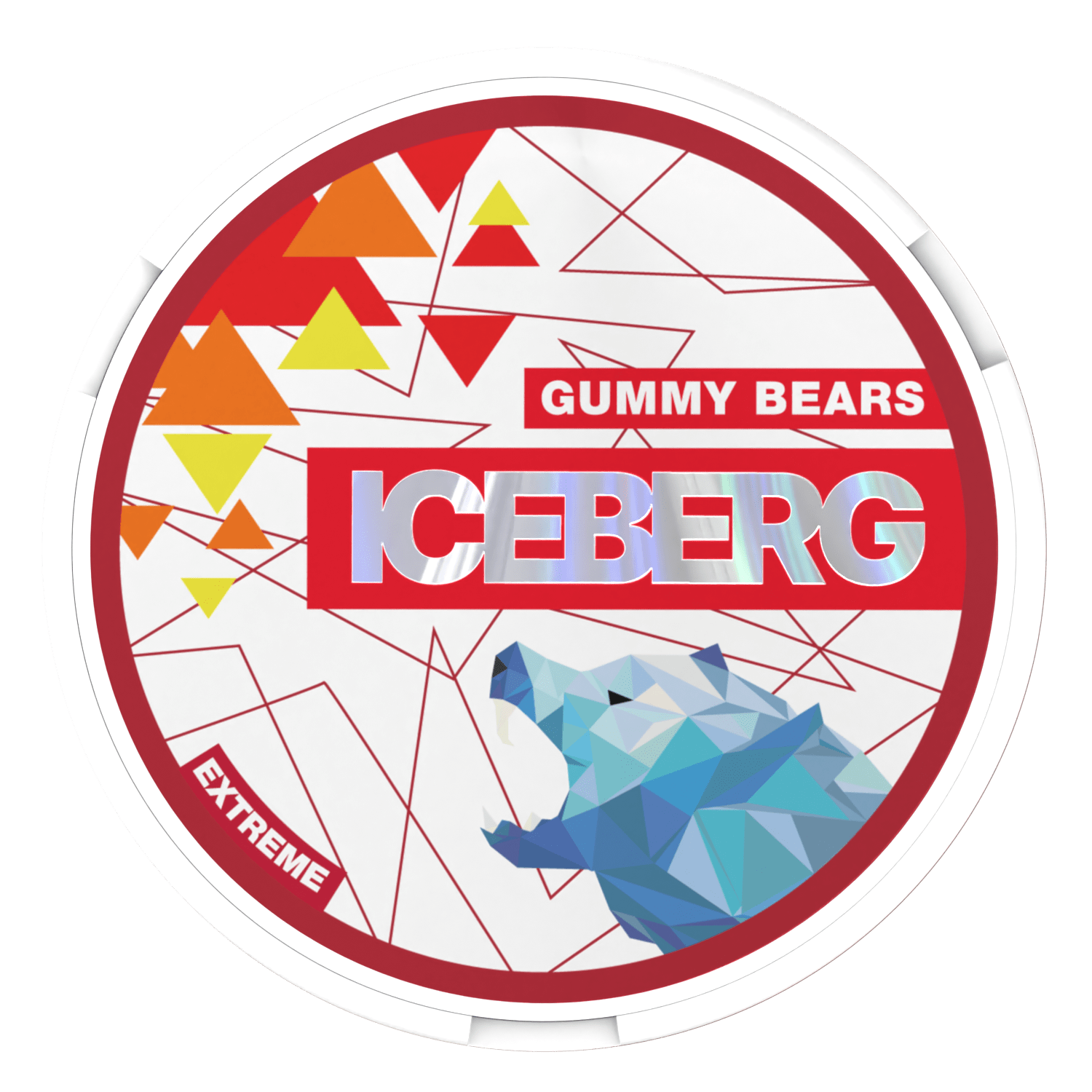 Round white container labelled Iceberg Gummy Bears with a blue geometric polar bear and abstract design in red, orange, and yellow.