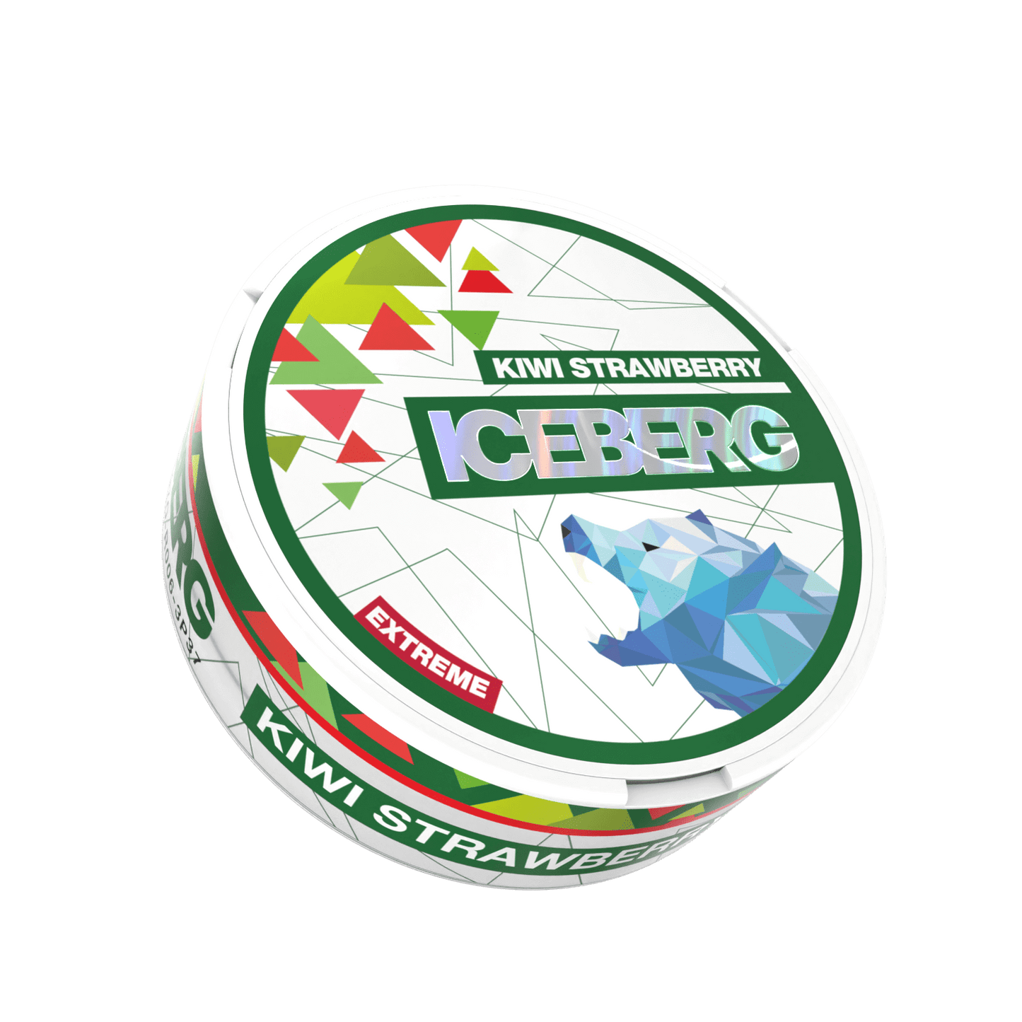 A round container labelled "Iceberg Kiwi Strawberry" with colourful images of strawberry and kiwi and a geometric polar bear in blue. 