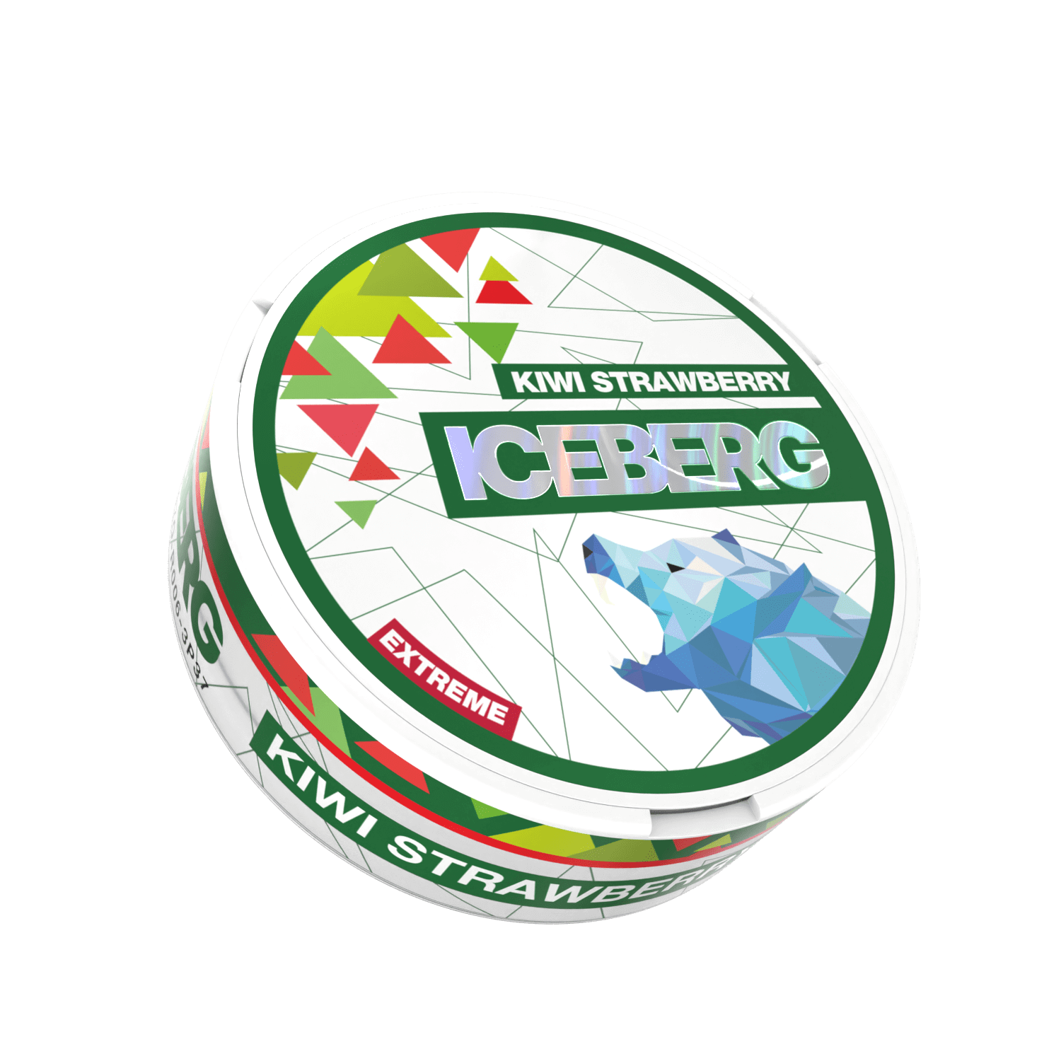A round container labelled Iceberg Kiwi Strawberry with colourful images of strawberry and kiwi and a geometric polar bear in blue. 