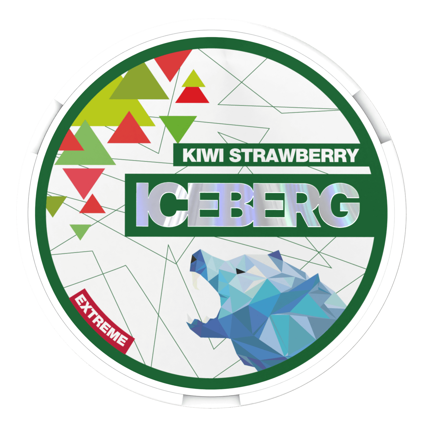 A round container labelled "Iceberg Kiwi Strawberry" with colourful images of strawberry and kiwi and a geometric polar bear in blue. 