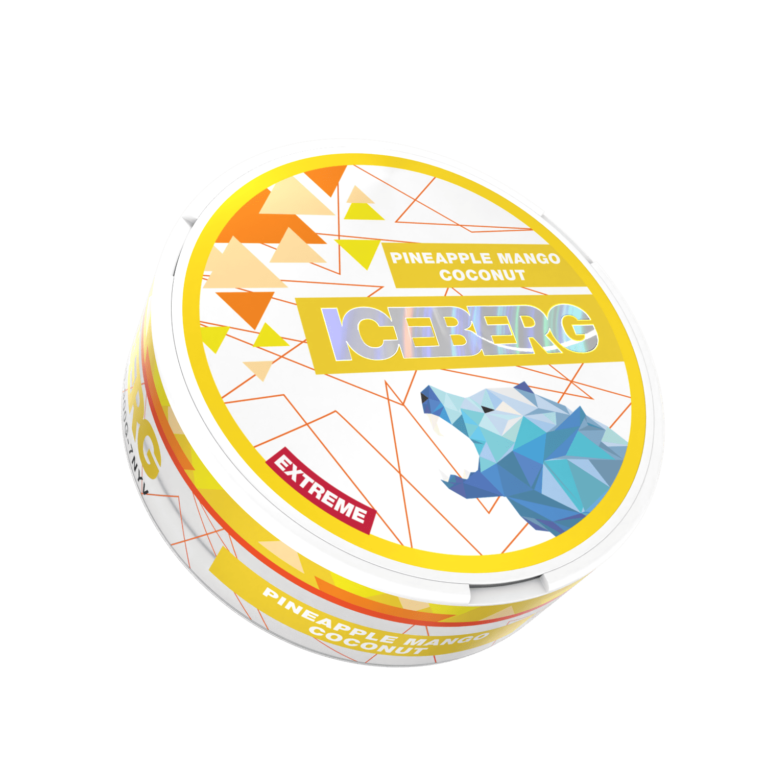 A round container labelled Iceberg Pineapple Mango Coconut with colourful images of pineapple, mango, and coconut and a geometric polar bear in blue.