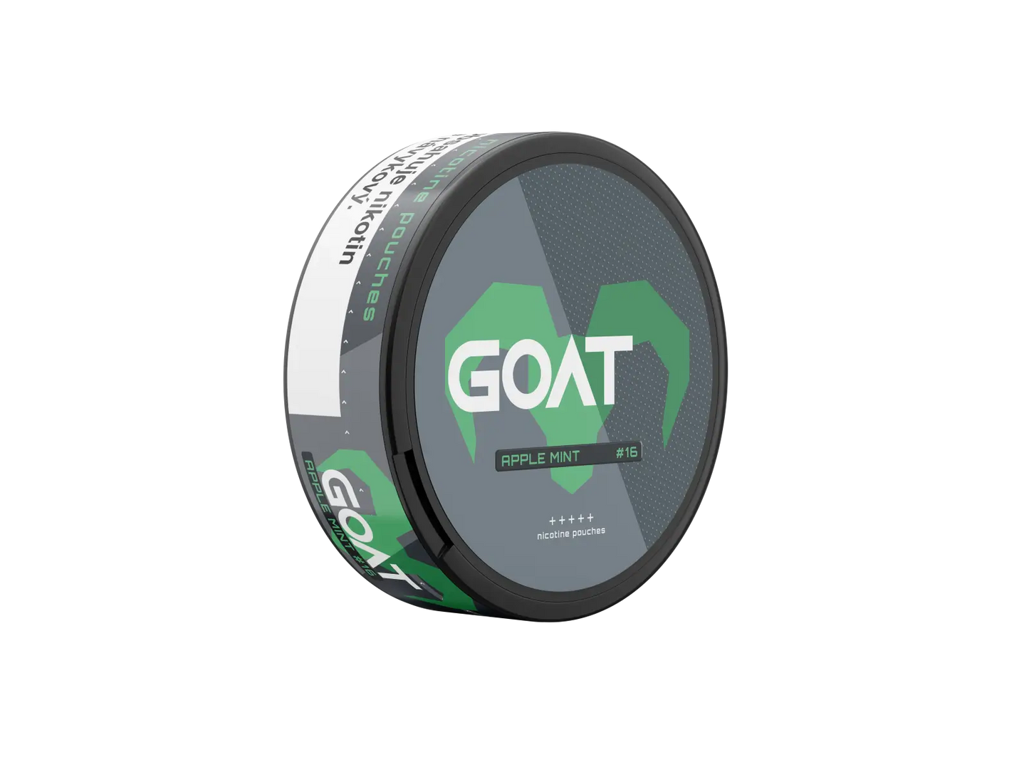 Round tin of GOAT Apple Mint #16 nicotine pouches upright on its left edge, showing bold green horn design clearly.