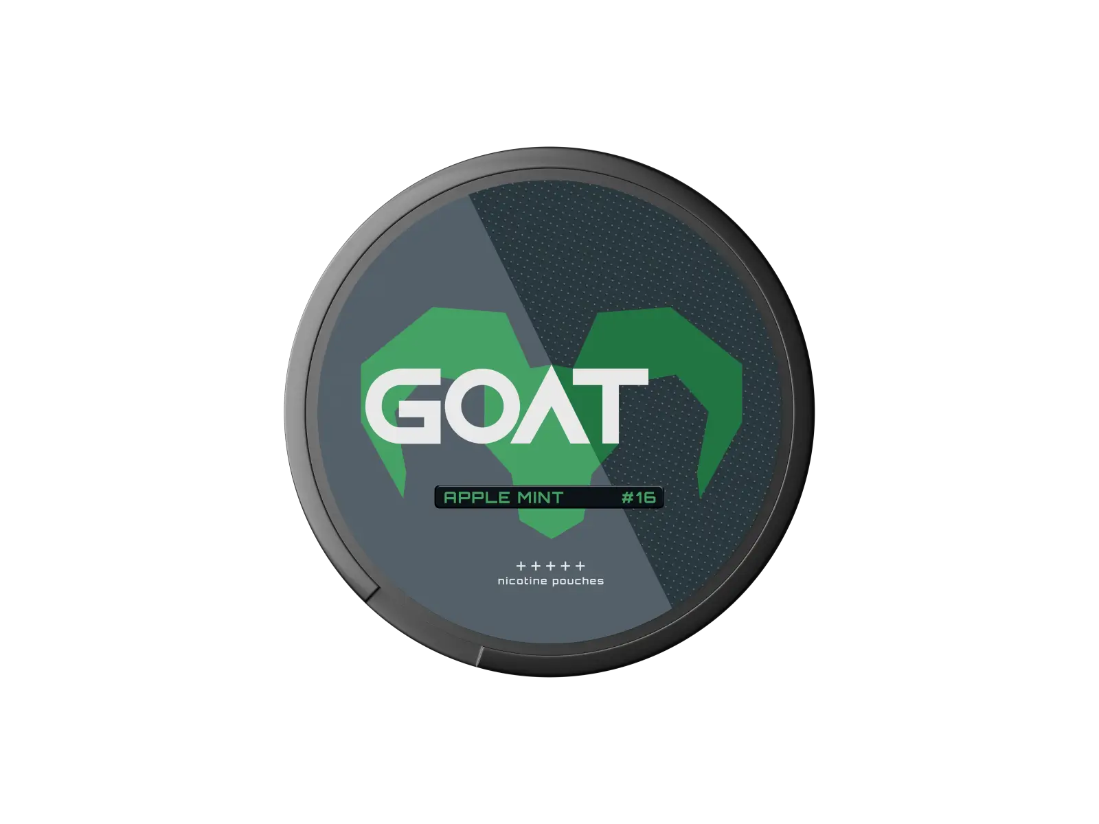 Round tin labelled "GOAT Apple Mint #16" nicotine pouches with bright green goat horn design on a dark background.