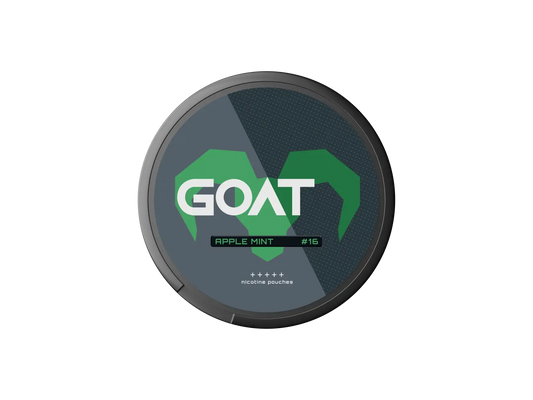 Round tin labelled GOAT Apple Mint #16 nicotine pouches with bright green goat horn design on a dark background.