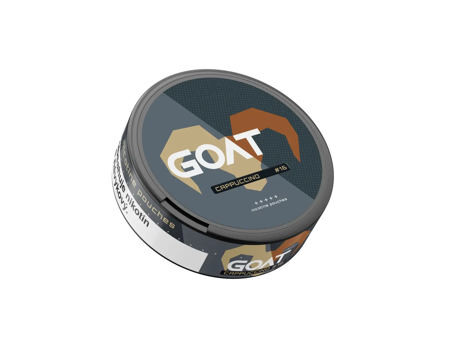 Round tin of GOAT Cappuccino #16 nicotine pouches tilted left at a slight angle with beige and brown horn design visible.