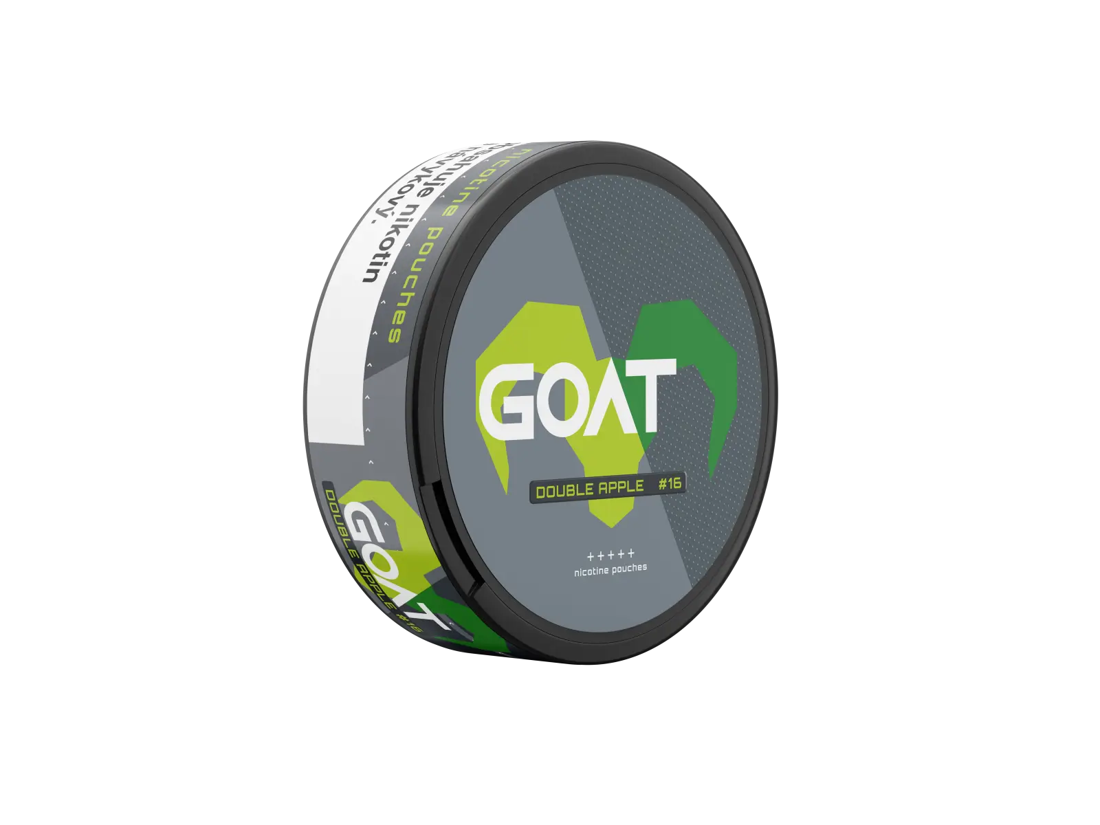Round tin of GOAT Double Apple #16 nicotine pouches upright on its left edge, showing bold green horn design clearly.