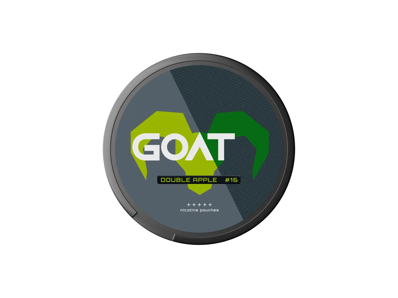 Round tin labelled "GOAT Double Apple #16" nicotine pouches with bold green goat horn design on a dark background.