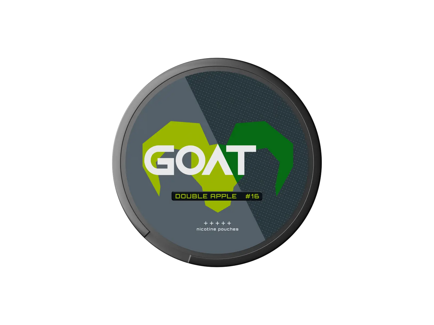 Round tin labelled "GOAT Double Apple #16" nicotine pouches with bold green goat horn design on a dark background.