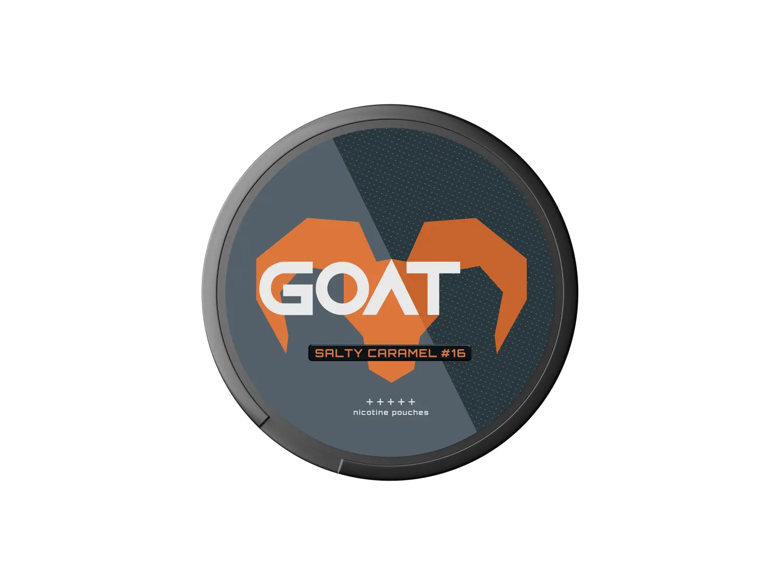 GOAT Salty Caramel #16" nicotine pouches with bold orange goat horn design on a dark background.