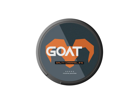 GOAT Salty Caramel #16 nicotine pouches with bold orange goat horn design on a dark background.