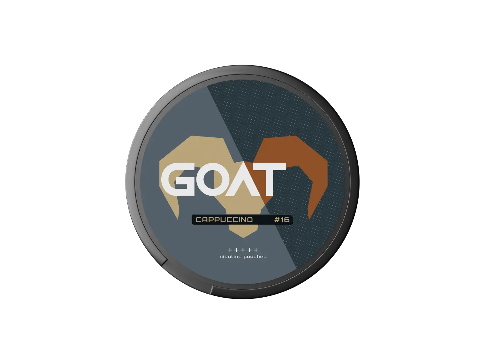 Round tin labelled "GOAT Cappuccino #16" nicotine pouches with stylised goat horn design in beige and brown on dark background.
