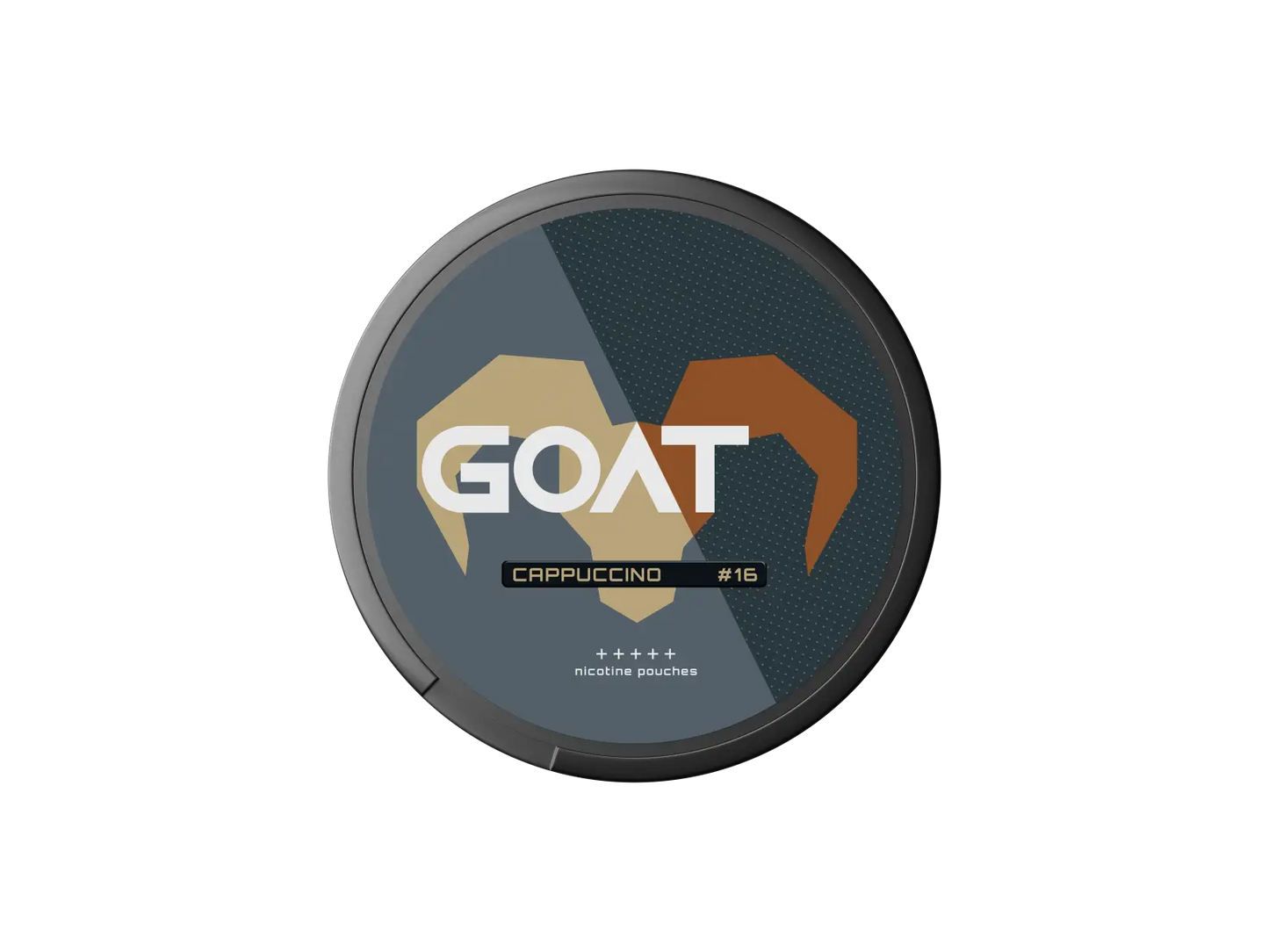 Round tin labelled "GOAT Cappuccino #16" nicotine pouches with stylised goat horn design in beige and brown on dark background.