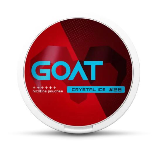 Round red and white container with the blue label GOAT, featuring a geometric goat silhouette. Text reads: nicotine pouches Crystal Ice #28”.