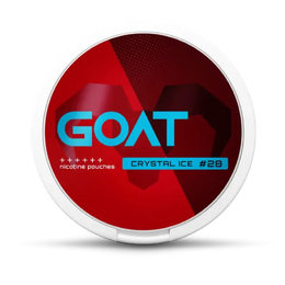 Round red and white container with the blue label "GOAT," featuring a geometric goat silhouette. Text reads: "nicotine pouches Crystal Ice #28”.