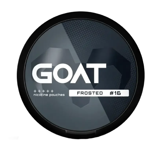 GOAT Frosted nicotine pouches can, front view with shadow