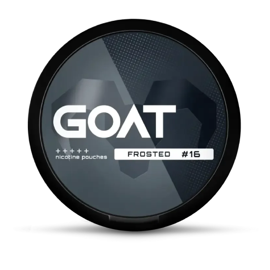 GOAT Frosted nicotine pouches can, front view with shadow